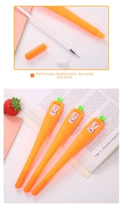 Close-up of disassembled carrot pens showing replaceable ink core and cute rabbit insert