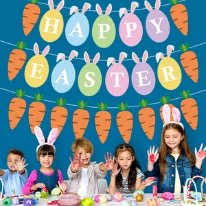 Happy Easter Banner Colorful Carrot Bunny Egg Cardboard Garland DIY Party Decoration Festive Props