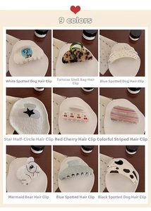Macro display of 9 diverse patterns including cherry and polka dot acetate hair claws