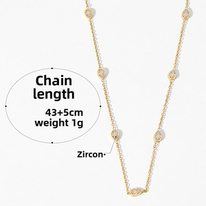 Detailed view of gold necklace with water drop zircon pendants, length 43+5cm, weight 1g
