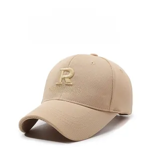 Close-up of R RELAXATION 3D embroidery on khaki cotton baseball cap for outdoor sun protection