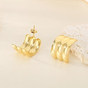 Minimalist 18k gold stainless steel C-shape triple layer stud earrings on white stone