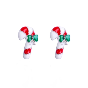 Detailed view of candy cane stud earrings with green bows and red white enamel coating