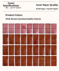 Detailed grid showing A6 leather traveler's notebooks with laser-engraved covers
