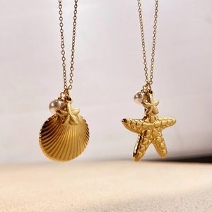 Starfish Shell Pendant Necklace 18K Gold Plated 304 Stainless Steel Artificial Pearl Ocean Style Jewelry For Women