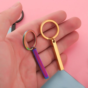 Polished stainless steel rectangular bar keychains in gold and rainbow gradient finish