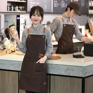 Waterproof Canvas Work Apron With Adjustable Leather Straps And Large Pockets For Barista Chef Kitchen