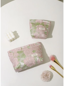 Trousse De Maquillage En Jacquard Floral Coton Motif Rose Pochette Cosmétique Organisateur De Voyage Pour Femmes