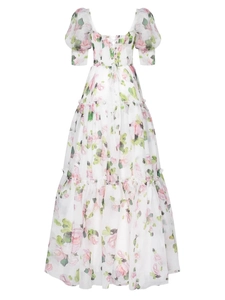 Robe longue fleurie à manches bouffantes avec encolure carrée et jupe à volants