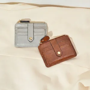 Minimalist ultra-thin leather card holder wallets with multiple slots and zip pocket