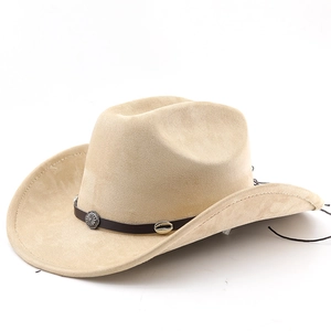 Close-up of khaki cowboy hat with braided leather band and vintage metal sunflower conchos