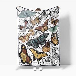 Artistic flannel blanket with colorful butterfly illustrations for sofa and office nap
