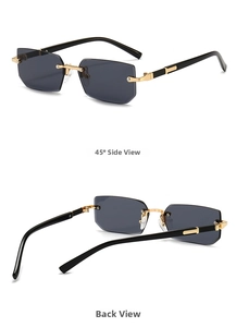 Detailed 45-degree and back views of rimless square sunglasses with grey lenses and gold accents