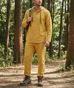 Detail of ginger yellow hooded loungewear set with buttoned Henley neck and drawstrings