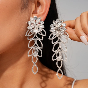 Hollow Flower Leaf Tassel Dangle Earrings Copper With Rhinestones And Silver Earring Post Elegant Wedding Jewelry Women
