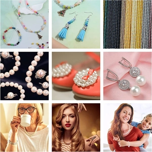 Selection of 6mm ABS pearls with various DIY jewelry samples and model wearing display