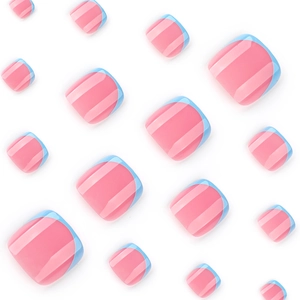 Pink and light blue French tip press-on toenails in a square shape with glossy finish