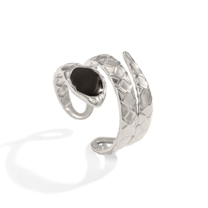 Detailed view of silver snake ring featuring black enamel head and textured scales