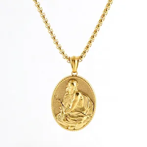 Collier Pendentif Ovale Portrait Figure Relief 3D Vintage Acier Inoxydable Plaqué Or 18K Bijoux Classiques Hommes Femmes