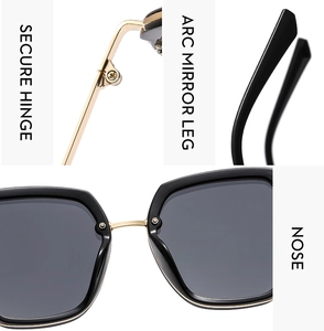 Detailed views of secure metal hinges, curved mirror legs and nose bridge of sunglasses