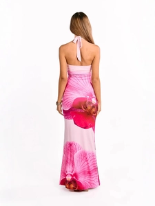 Sexy halter neck backless long dress with pink orchid floral print for summer beach wear