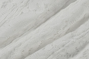 Detailed macro view of white floral lace fabric with delicate embroidery and mesh texture