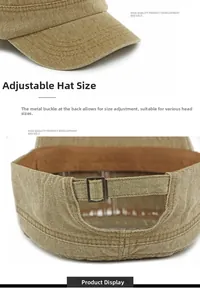 Detail of vintage canvas military cap featuring adjustable metal buckle and durable fabric
