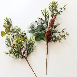 Artificial Christmas Pine Needle Stems Pine Cones Red Berries Frosted Winter Floral Sprays For Holiday Tree Decoration