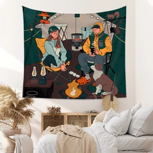 Détail de tapisserie de camping avec illustration de couple au-dessus d'un lit