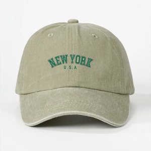 Vintage washed khaki baseball cap with New York USA green embroidery for men and women