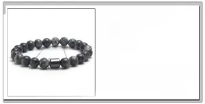 Detail view of 8mm black stone beaded bracelet with size and weight specifications