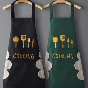 Waterproof kitchen apron with pockets and side hand towels for cooking in black and green