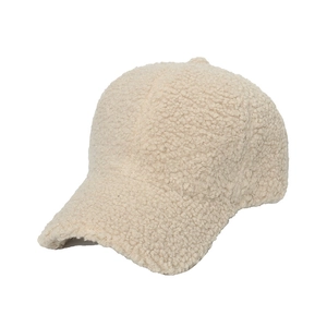 Thick warm beige sherpa fleece baseball cap with minimalist six-panel textured design