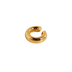 Minimalist thick gold C-shaped ear cuff with high-polished metallic finish on white background