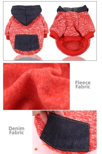 Detail of red pet hoodie featuring warm fleece fabric and denim hood with a back pocket