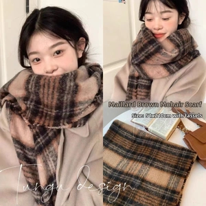 Detailed view of brown plaid mohair scarf with tassels, size 51x210cm for autumn style