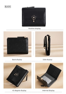 Detailed views of women's black wallet showing interior slots and gold floral hardware