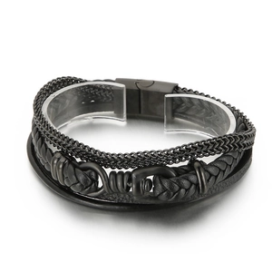 Men's multi-layer black braided leather bracelet with stainless steel magnetic clasp