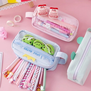 Cute large capacity canvas pencil case with transparent window in pastel pink blue and green