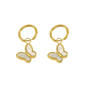 Elegant gold butterfly hoop earrings with white inlay on a clean white background