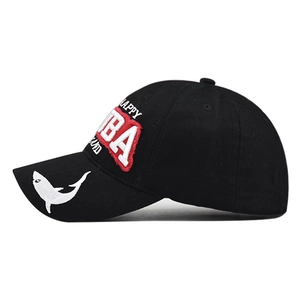 Distressed black baseball cap featuring red BA embroidery and white shark brim detail
