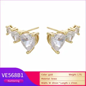 18K gold plated brass heart earrings with zircon crystals and sleek polished finish