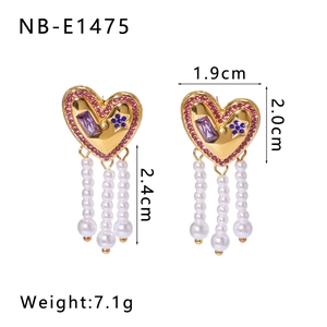 Asymmetric 18K gold heart earrings with colorful stones and pearl tassels 1.9x2.0cm