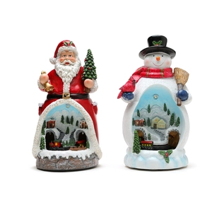 Rotating Christmas music box with Santa, snowman and LED lights, festive resin ornament
