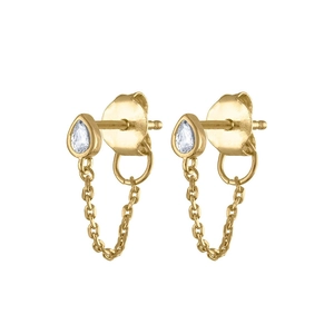 Detail of gold chain earring featuring a teardrop zircon and s925 silver needle