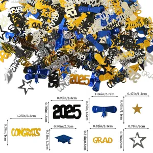 Size chart for 2025 graduation confetti featuring diploma, cap and star shapes