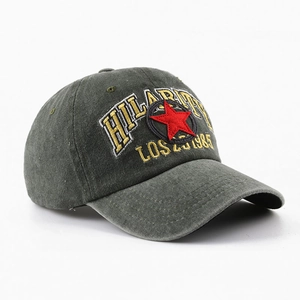 Vintage washed army green cotton baseball cap with HILARITY embroidery and star design