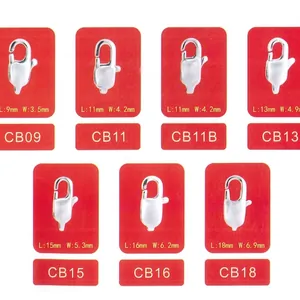 Polished stainless steel necklace clasps in various sizes with detailed measurement specifications