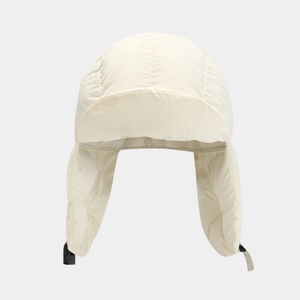 Padded off-white quilted winter pilot hat with ear flaps and adjustable chin strap