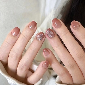 Butterfly Pattern Press On Nails Pink Gradient Short Square Shape Artificial False Nails For Women Sweet Elegant Style